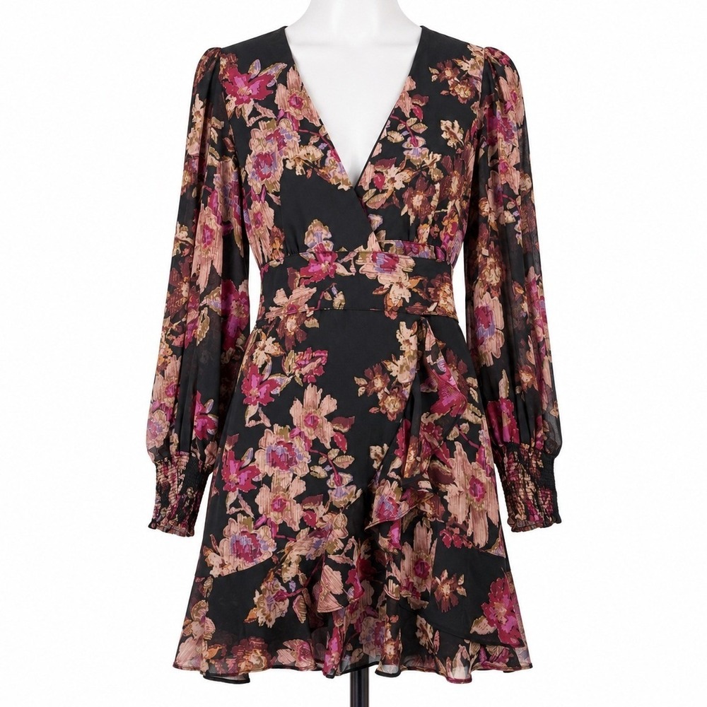 Dress Forum Floral Wrap Mini Dress Black Pink Long Sleeve Womens S Ruffle Hem
